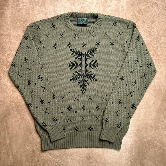 Vintage 90s Cross Bay Fair Isles Snowflake Sweater Green Knit Long Sleeve Ski - Picture 7 of 7